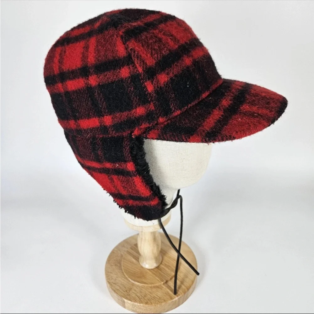 Vintage Eddie Bauer Wool Trapper Hat with Ear Flaps — Red & Black Buffalo Plaid - Picture 4 of 9